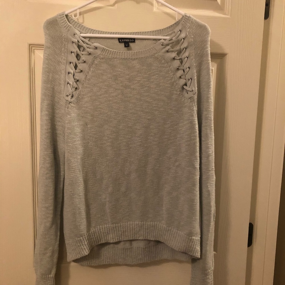 Express light gray sweater with shoulder detail